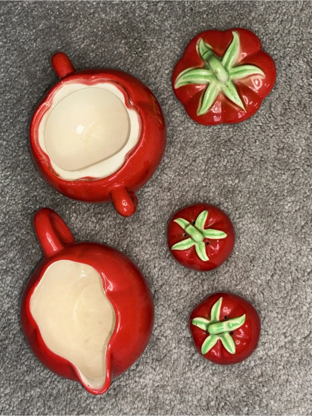 Pantry Parade Red Tomato Ceramic Sugar Bowl & Creamer w/Salt & Pepper Shakers